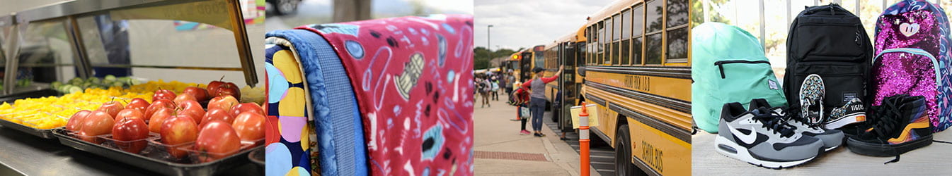 Collage of stock photos, including:a tray of fruit, blankets, students getting of buses, backpacks and shoes